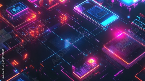 Futuristic glowing circuit board with neon lights, representing advanced technology and innovation in a digital landscape.