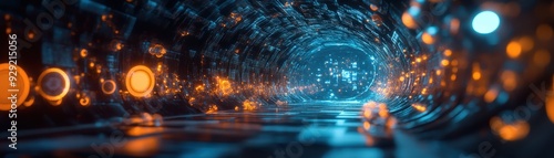 Futuristic glowing tunnel with vibrant blue and orange lights, representing technology, innovation, and modern digital concepts.