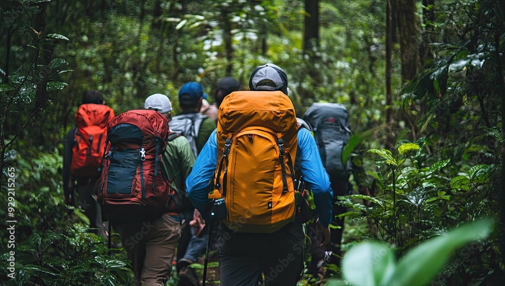 Hikers with backpacks in dense forest foliage. Hikers with backpacks in dense forest foliage.