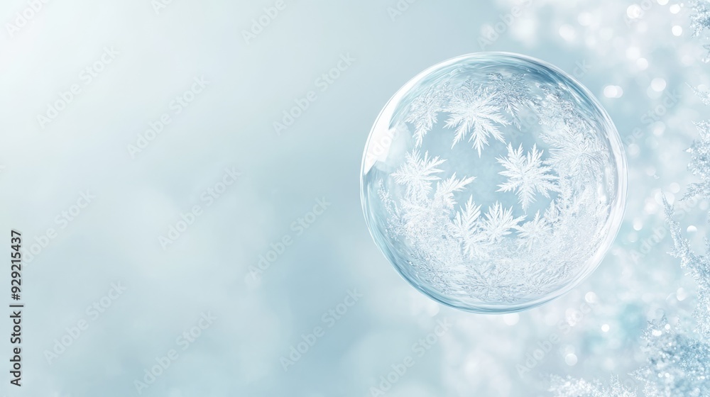 Delicate Frozen Soap Bubble with Ice Crystal Patterns on Snowy Background Delicate Frozen Soap Bubble with Ice Crystal Patterns on Snowy Background