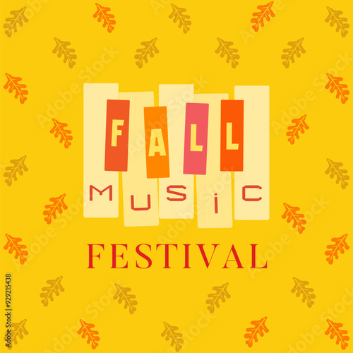 Fall Music Festival vector design element. Colorful autumn falling leaves foliage background. Piano keyboard cute cartoon. Autumn Fall season Fest live event, music concert performance illustration