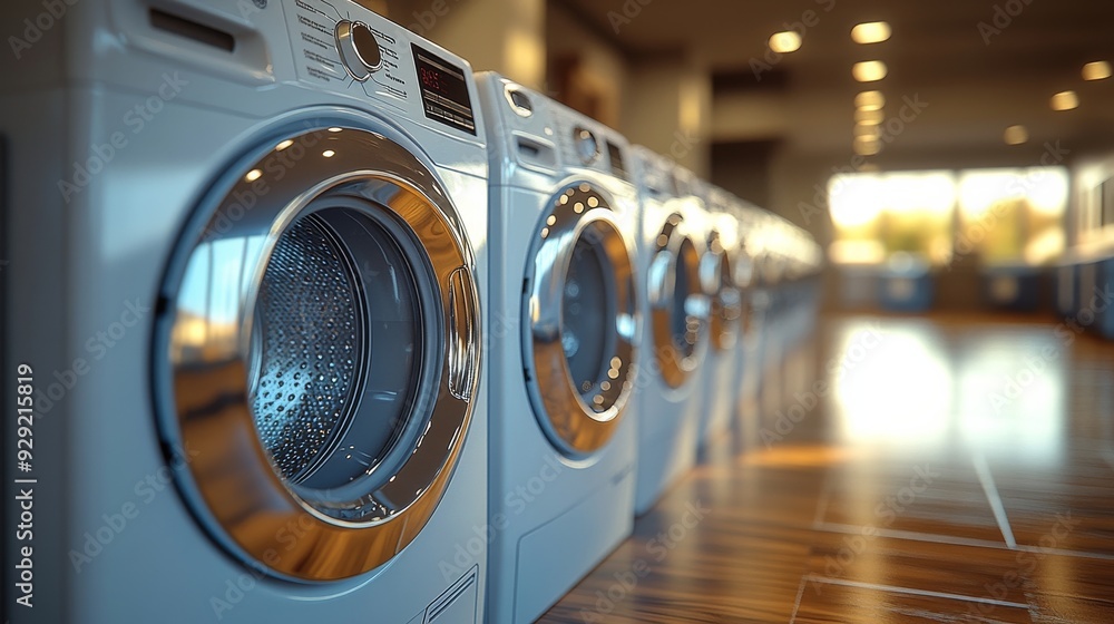 Row of new washing machines standing in a appliances store Row of new washing machines standing in a appliances store