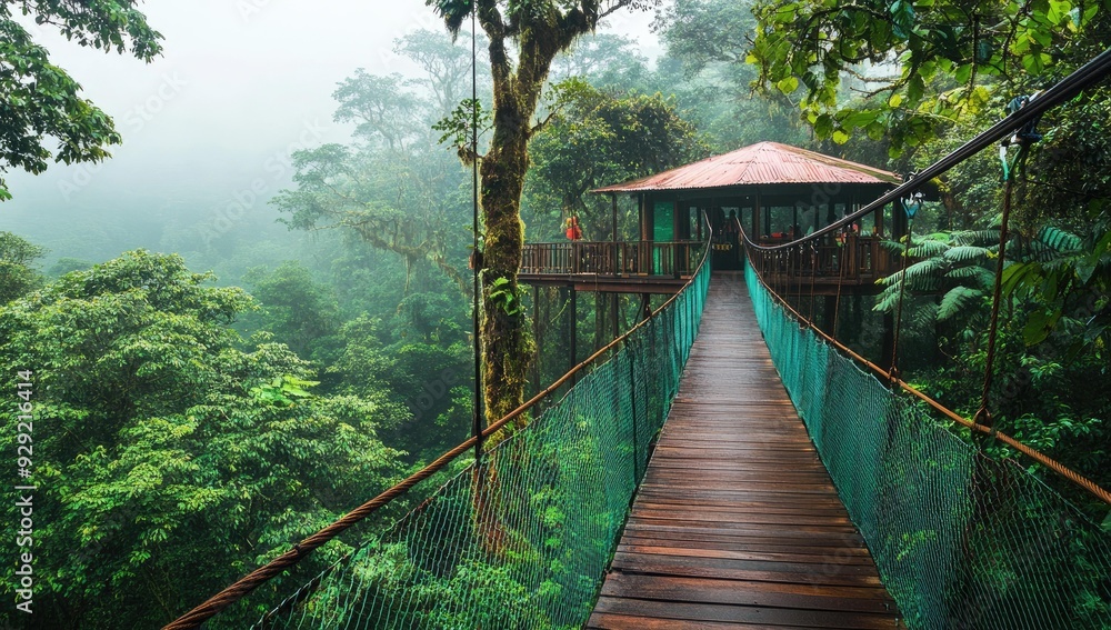 Obraz premium Wooden walkway through misty rainforest canopy.