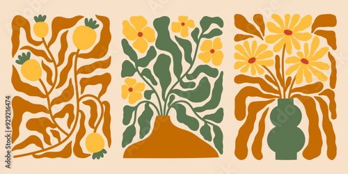 Autumn florals vector illustrations set. Fall flowers compositions. Botanical prints in matisse style