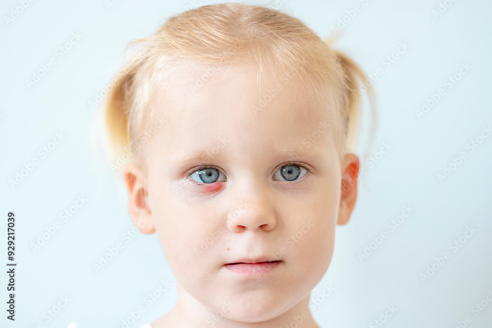 Children's right eye and swollen barley on the lower eyelid. Macro, close-up Children's right eye and swollen barley on the lower eyelid. Macro, close-up