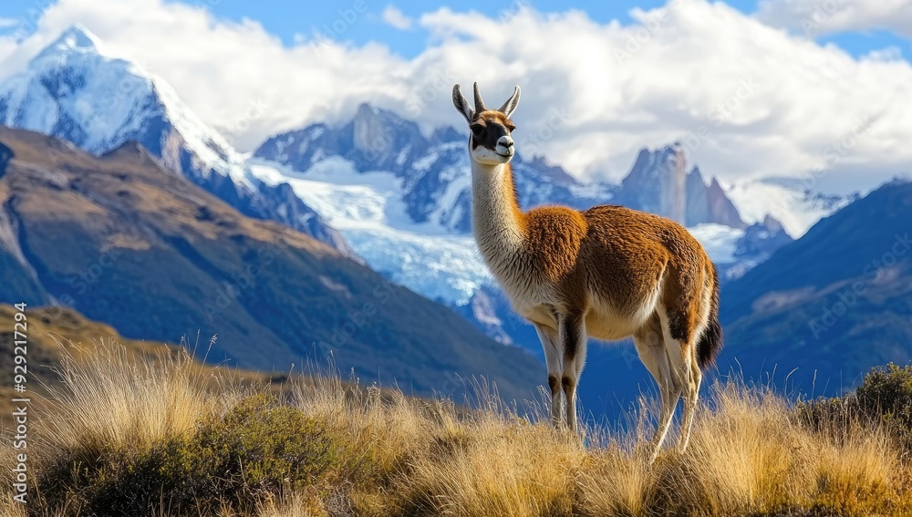 Guanaco standing in front of mountains. Guanaco standing in front of mountains.