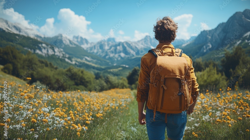 Hiker with Backpack Walking Through Flower-Filled Meadow Towards Mountain Range for Nature Exploration and Adventure Hiker with Backpack Walking Through Flower-Filled Meadow Towards Mountain Range for Nature Exploration and Adventure