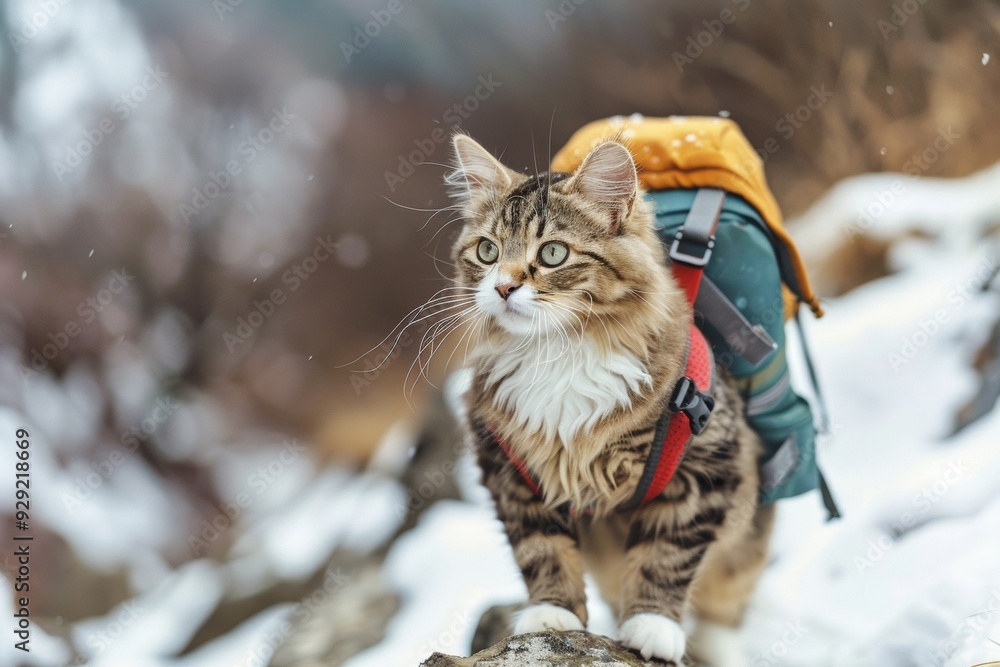 A fluffy tabby kitten wearing a backpack and harness stands on a snowy rock, gazing into the distance, ready for an adventure. A fluffy tabby kitten wearing a backpack and harness stands on a snowy rock, gazing into the distance, ready for an adventure.