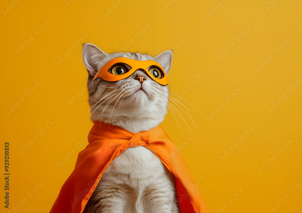 Superhero cat wearing cloak and mask on colorful background with copy space. Adorable cat in superhero cape. The concept of a superhero, super cat, Halloween costume Superhero cat wearing cloak and mask on colorful background with copy space. Adorable cat in superhero cape. The concept of a superhero, super cat, Halloween costume