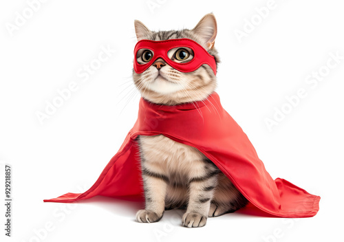 Superhero cat wearing cloak and mask on colorful background with copy space. Adorable cat in superhero cape. The concept of a superhero, super cat, Halloween costume