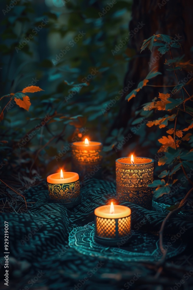 Three lit candles in a serene forest setting Three lit candles in a serene forest setting