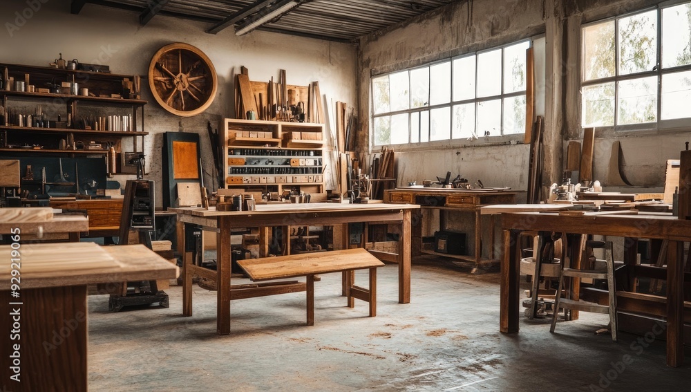 Wooden workshop with tools and tables. Wooden workshop with tools and tables.