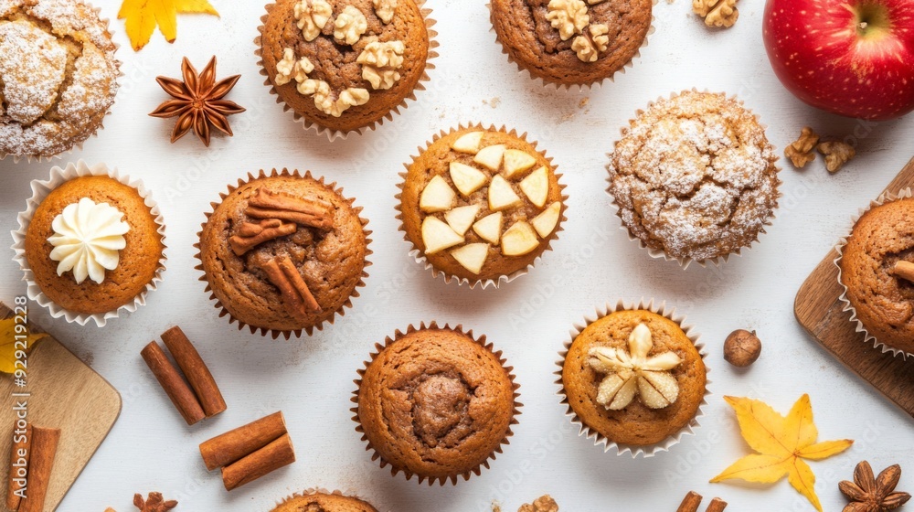Colorful autumn muffins topped with nuts and spices are arranged on a white background alongside apples and cinnamon sticks. Colorful autumn muffins topped with nuts and spices are arranged on a white background alongside apples and cinnamon sticks.
