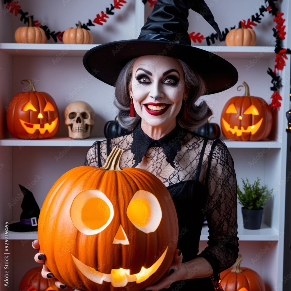 Halloween Image of Witch with Pale Skin and Red Lipstick Holding Glowing Pumpkin in Dimly Lit Room with Festive Decorations, generative AI Halloween Image of Witch with Pale Skin and Red Lipstick Holding Glowing Pumpkin in Dimly Lit Room with Festive Decorations, generative AI