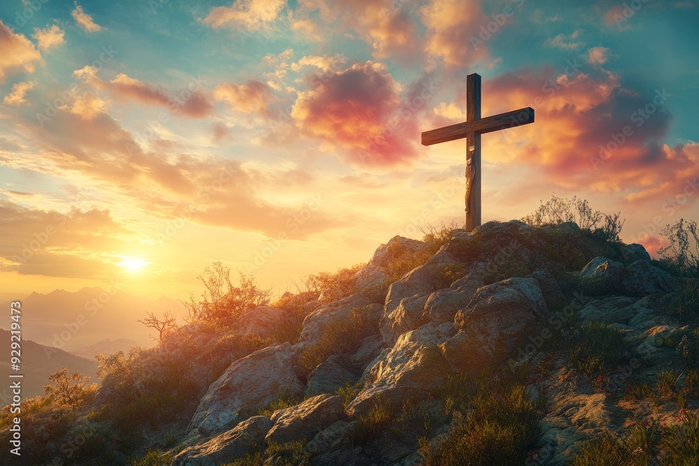Cross, crucifixion, Jesus Christ on the mountain With a sunset background with generative ai Cross, crucifixion, Jesus Christ on the mountain With a sunset background with generative ai