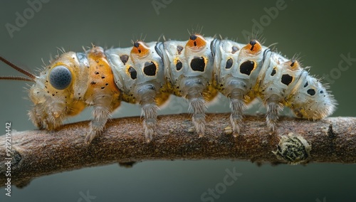 A white and orange caterpillar crawls on a branch. photo