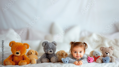 isolated adorable baby girl & pack of teddy bear & other mascots friends; cute toddler playing with toys; white background; copy space photo