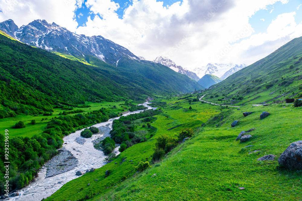 Obraz premium Beautiful view of the valley of the mountain river among the high mountains. The North Caucasus. Russia