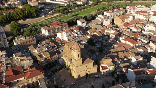 Aerial 4K video from drone to city of Loja and Church of the Incarnation with Moorish Alcazaba and Gorda Peak at Loja ,Granada, Andalusia, Spain, Europe (Series)