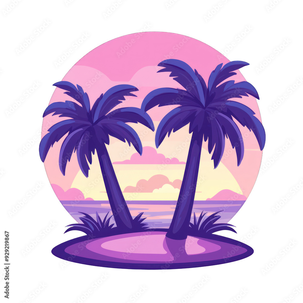 A serene sunset scene featuring two elegant palm trees against a colorful sky by the ocean, ideal for relaxation and nature themes. transparent background A serene sunset scene featuring two elegant palm trees against a colorful sky by the ocean, ideal for relaxation and nature themes. transparent background