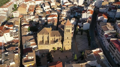 Aerial 4K video from drone to city of Loja and Church of the Incarnation with Moorish Alcazaba and Gorda Peak at Loja ,Granada, Andalusia, Spain, Europe (Series)