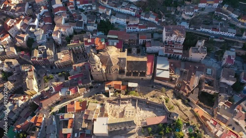 Aerial 4K video from drone to city of Loja and Church of the Incarnation with Moorish Alcazaba and Gorda Peak at Loja ,Granada, Andalusia, Spain, Europe (Series)