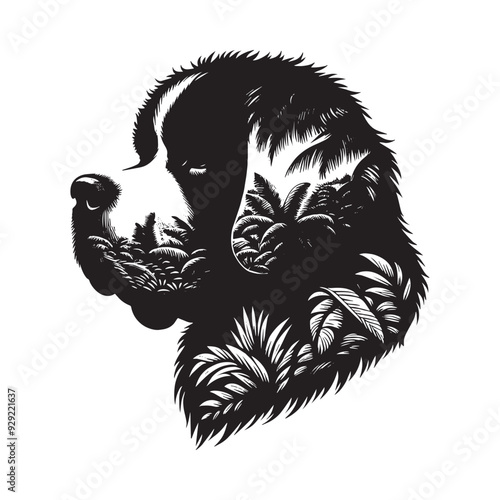 silhouette of st, bernard dog, filled with tropical plant in the jungle in rough drawing,