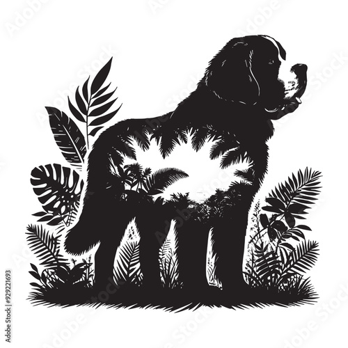 silhouette of st, bernard dog, filled with tropical plant in the jungle in rough drawing,