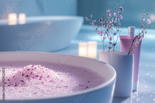 Luxurious Spa Bath with Pink Bath Salts and Soft Candlelight, Serene Atmosphere photo