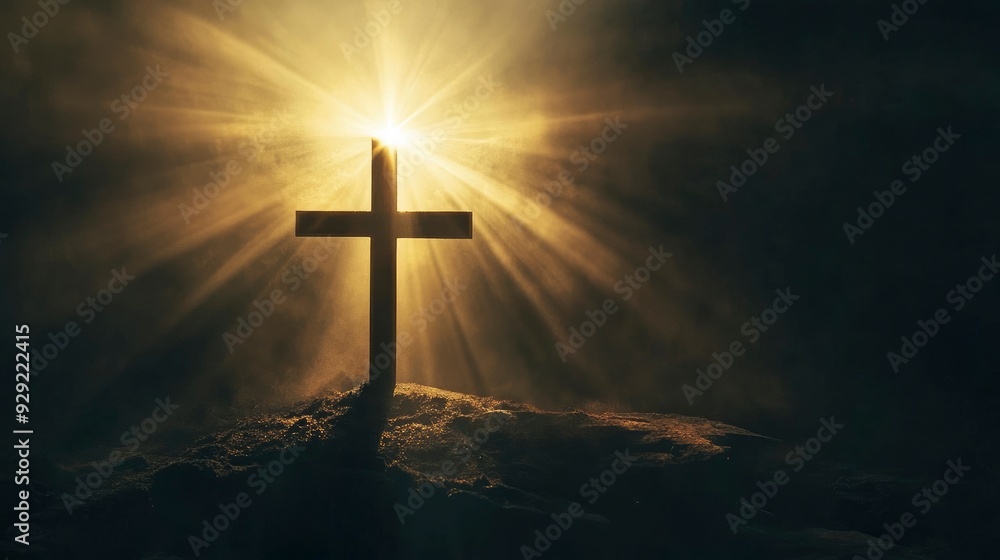 cross of jesus christ on sorrow darkness and bright light and rays background with generative ai cross of jesus christ on sorrow darkness and bright light and rays background with generative ai
