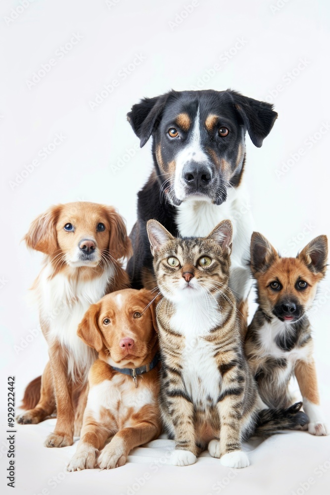 Group of dogs and cats sitting together in harmony Group of dogs and cats sitting together in harmony