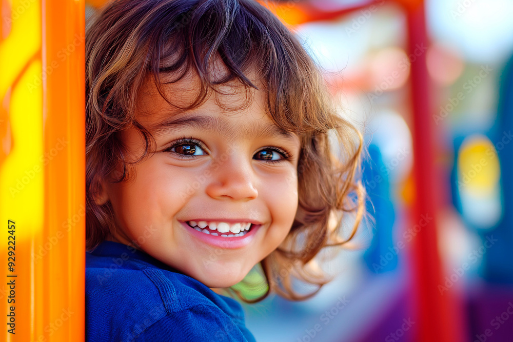 Smiling child with curly hair enjoying a colorful playground Smiling child with curly hair enjoying a colorful playground