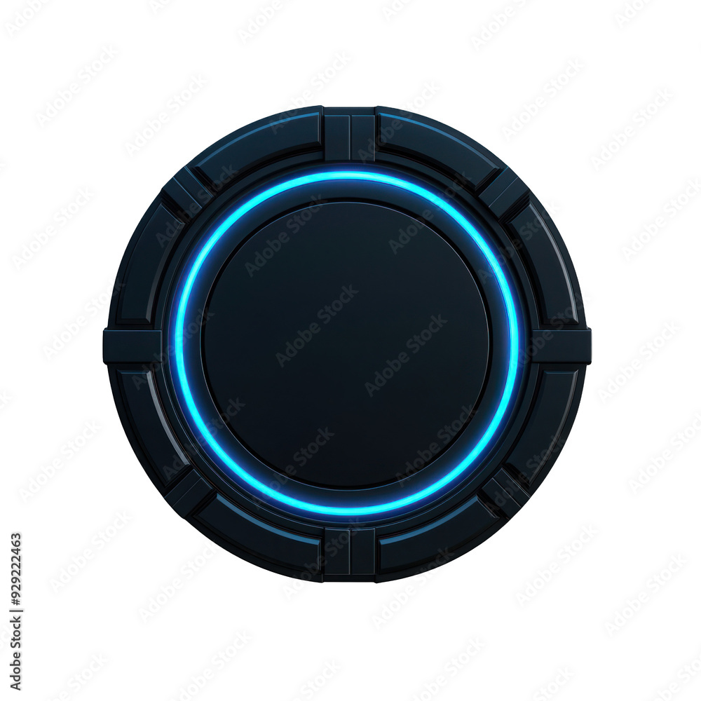 A sleek, futuristic button design with a glowing blue rim, perfect for technology-themed projects. transparent background A sleek, futuristic button design with a glowing blue rim, perfect for technology-themed projects. transparent background