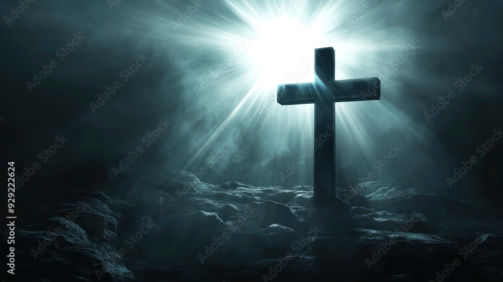 Naklejka premium cross of jesus christ on sorrow darkness and bright light and rays background with generative ai