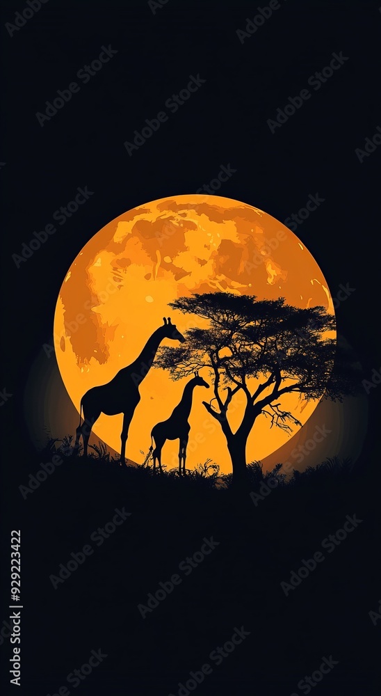 Silhouette of two giraffes and a tree against an orange moon in an African night sky Silhouette of two giraffes and a tree against an orange moon in an African night sky