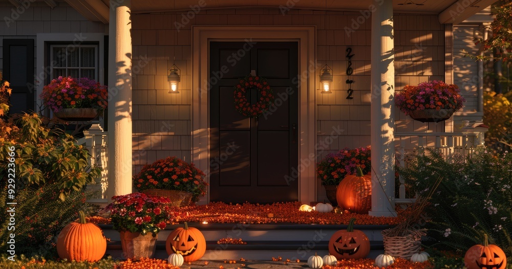 Obraz premium Halloween decoration with pumpkins and flowers on the front porch of an American house