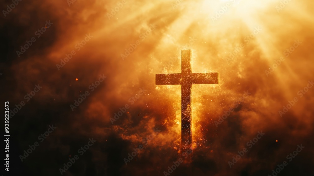 cross of jesus christ on sorrow darkness and bright light and rays background with generative ai cross of jesus christ on sorrow darkness and bright light and rays background with generative ai