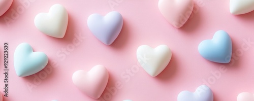 Pastel colored hearts forming a pattern on a pink background