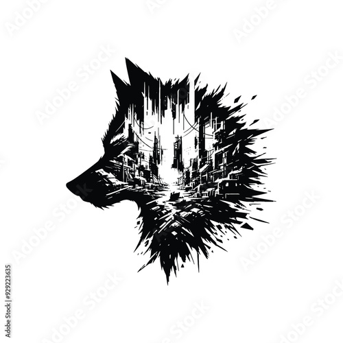 silhouette of Wolf, filled with destroyed futuristic dystopia environment in rough drawing,