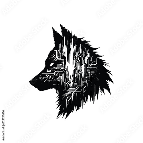 silhouette of Wolf, filled with destroyed futuristic dystopia environment in rough drawing,