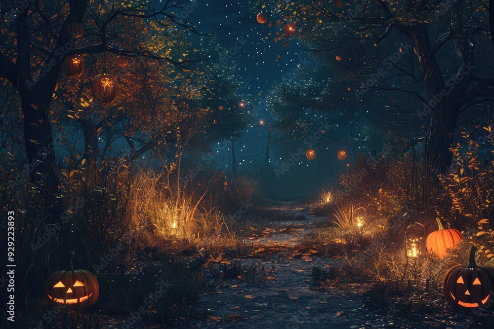 Halloween background with dark forest, night sky and pumpkins on ground, spooky Hight quality illustration, highly detailed Halloween background with dark forest, night sky and pumpkins on ground, spooky Hight quality illustration, highly detailed