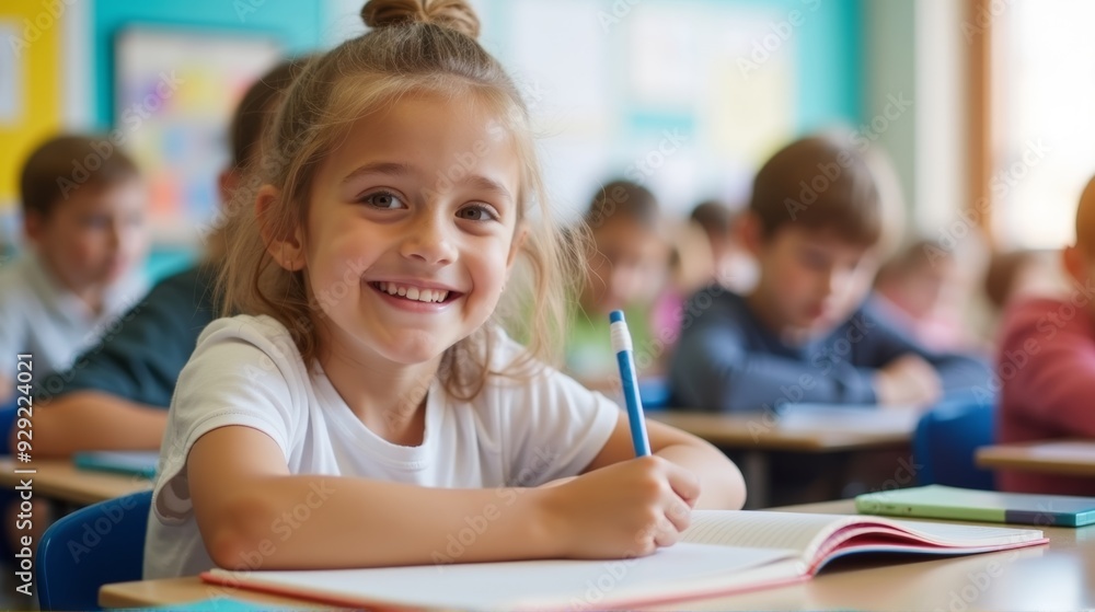 A smiling young girl in a denim jacket writes in her notebook during class, capturing the joy of learning in a bright, welcoming classroom. A smiling young girl in a denim jacket writes in her notebook during class, capturing the joy of learning in a bright, welcoming classroom.