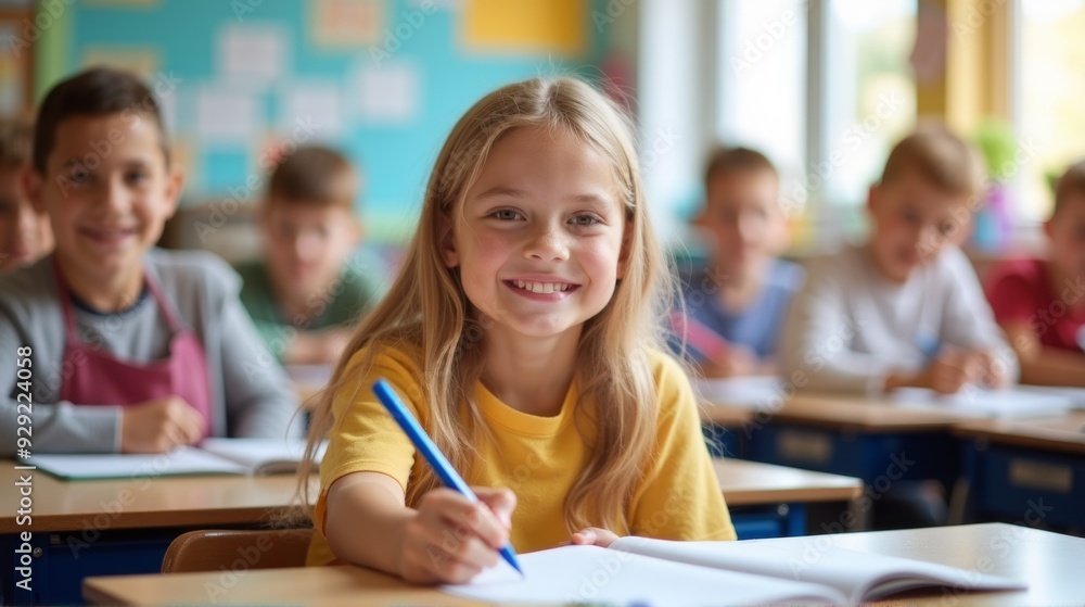 A smiling young girl in a denim jacket writes in her notebook during class, capturing the joy of learning in a bright, welcoming classroom. A smiling young girl in a denim jacket writes in her notebook during class, capturing the joy of learning in a bright, welcoming classroom.
