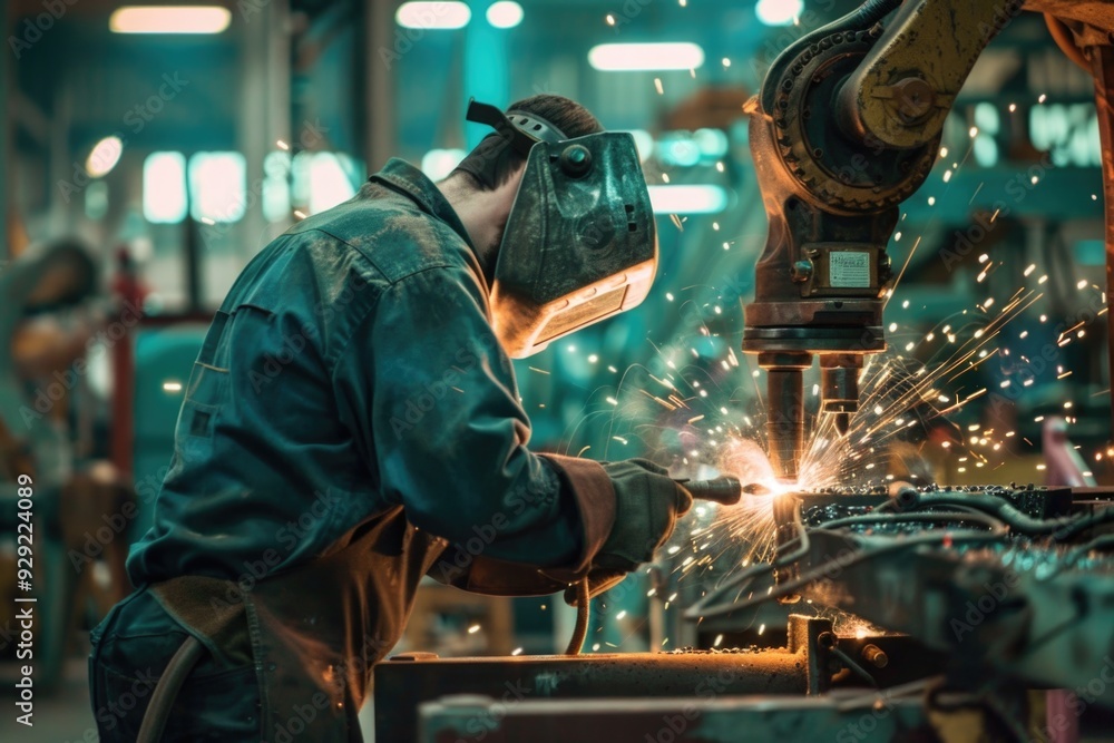 A person wearing a welding mask works on a piece of metal, illustration for industry or DIY projects A person wearing a welding mask works on a piece of metal, illustration for industry or DIY projects