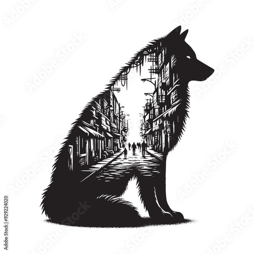 silhouette of Wolf filled with ghetto street in rough drawing