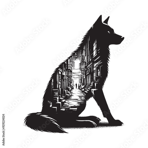 silhouette of Wolf filled with ghetto street in rough drawing
