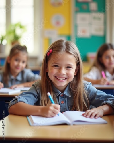 A smiling young girl in a denim jacket writes in her notebook during class, capturing the joy of learning in a bright, welcoming classroom.