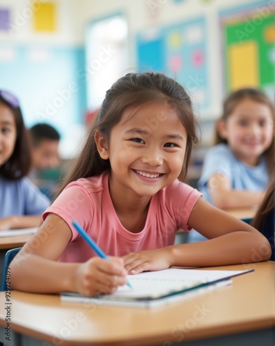 A smiling young girl in a denim jacket writes in her notebook during class, capturing the joy of learning in a bright, welcoming classroom.