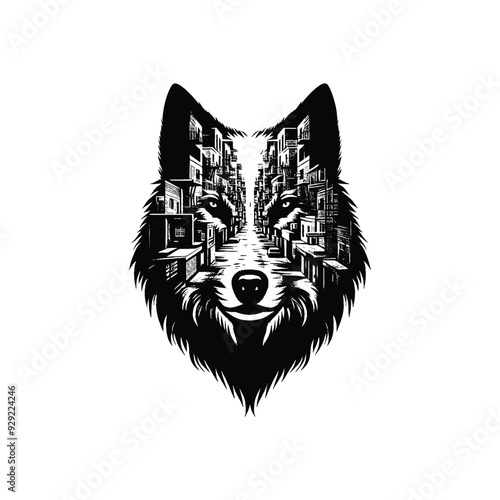 silhouette of Wolf, filled with ghetto street in rough drawing,