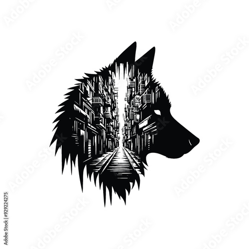 silhouette of Wolf, filled with ghetto street in rough drawing,
